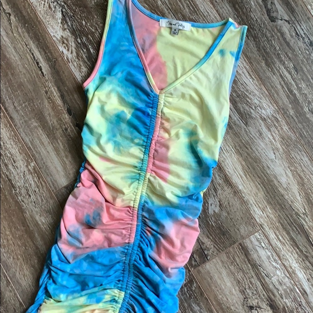 Tie dye pink blue ruched tank beach dress - Picture 4 of 5